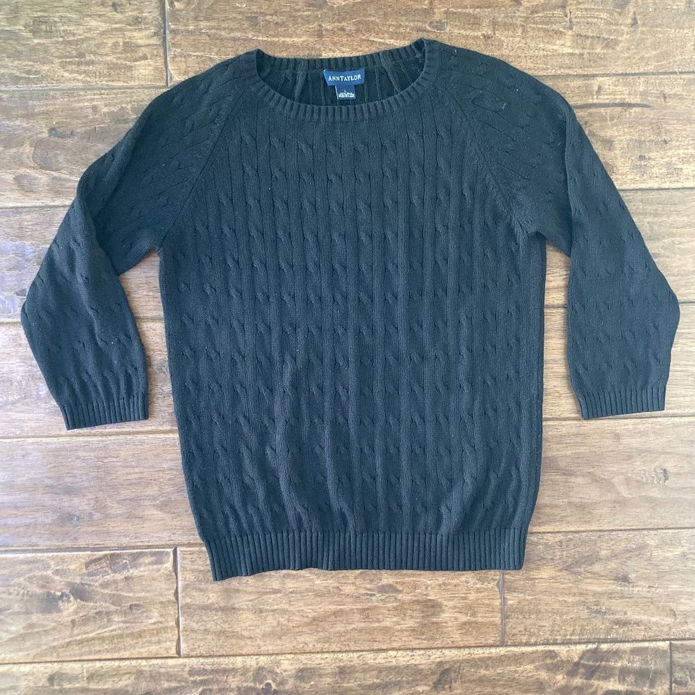 Ann Taylor Black Cable Knit Sweater Large Silk Cotton Old Money Classic